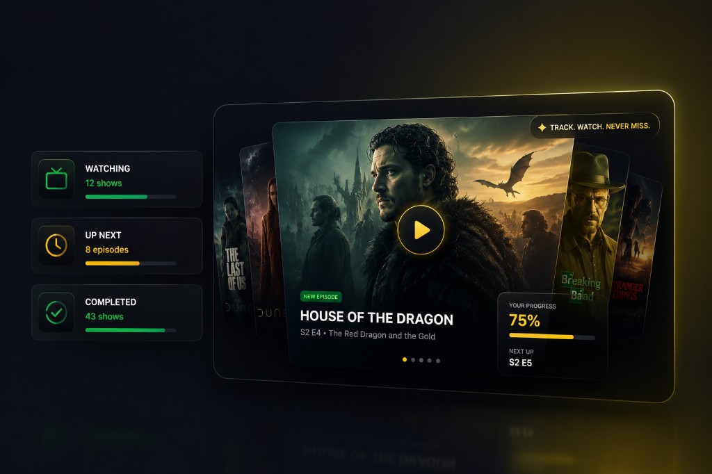 TV Watching dashboard showing tracked shows, watch progress, and new episode alerts